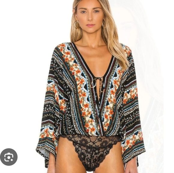 Intimately Free People For You Boho Bodysuit Large Billowy Sleeves Surplice Neck - Picture 2 of 10